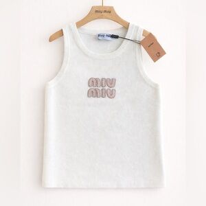 Miu Miu Cream Knit Tank with Pink embellished jeweled Logo size medium